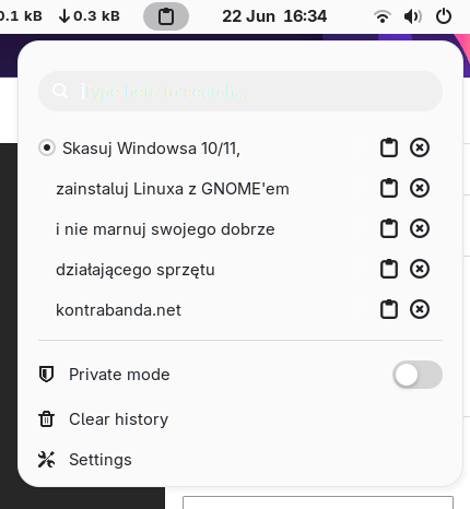 Schowek posiadający wpisy "Skasuj Windowsa 10/11" / "zainstaluj Linuxa z GNOME'em" / "i nie marnuj swojego dobrze" / "działającego sprzętu" / "kontrabanda.net"