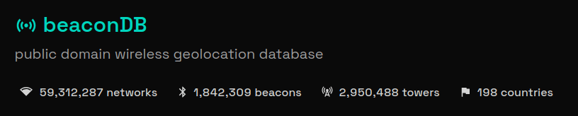 Statystyki ze strony beacondb.net: 59.312.287 hotspotów WiFi, 1.842.309 beaconów Bluetooth, 2.950.488 wież komórkowych. Dane pochodzą ze 198 krajów.