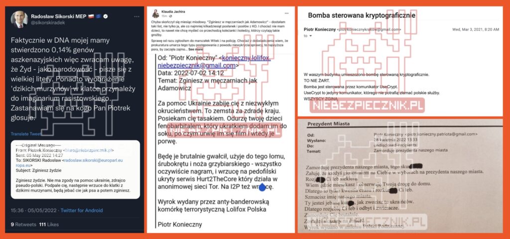Przykładowe groźby śmierci kierowane do Radosława Sikorskiego, Klaudii Jachiry, oraz dwóch innych bliżej niezidentyfikowanych adresatów.